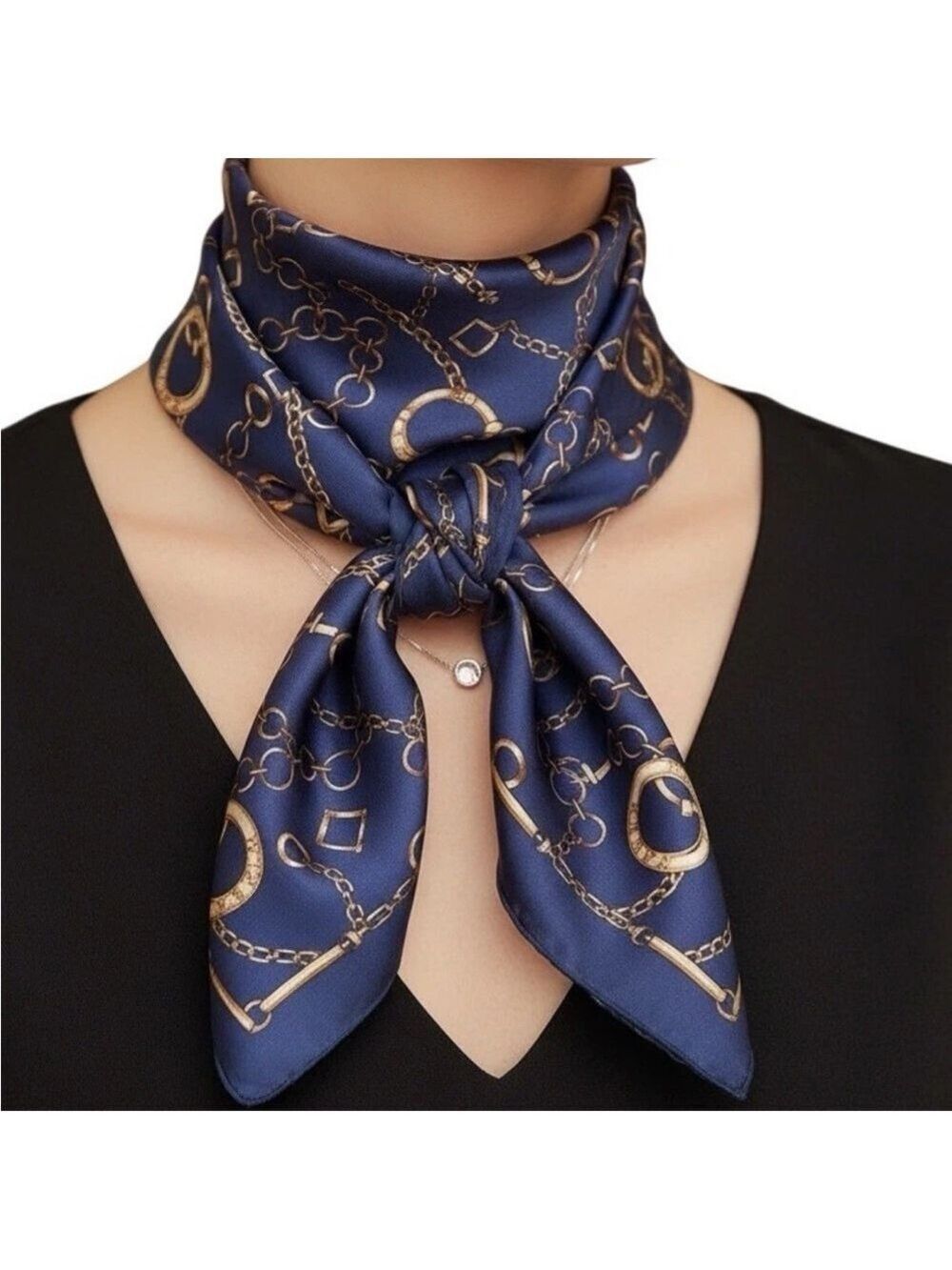 Vintage Navy Gold Chain Print Satin Square Scarf Paris Equestrian Style 80s 90s